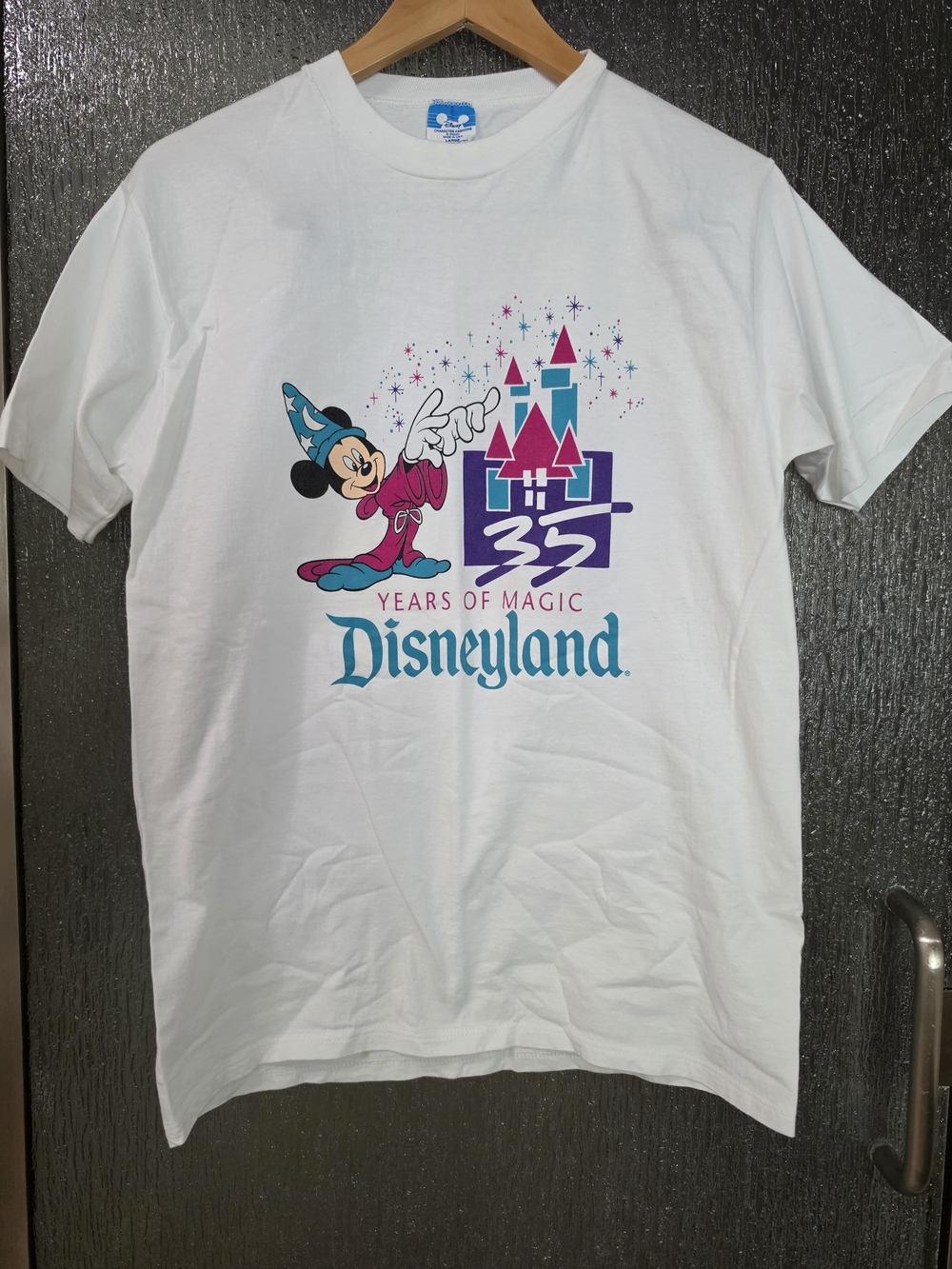 Vintag Disney White Kids T-Shirt with Mickey Sorcerer Colorful Castle Graphic